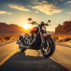 The motorcycle is standing on the highway against the sunset.