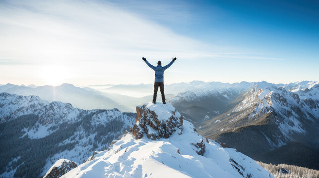Man standing on top of a snow mountain peak, hands raised, success and ambition, career and hiking concept