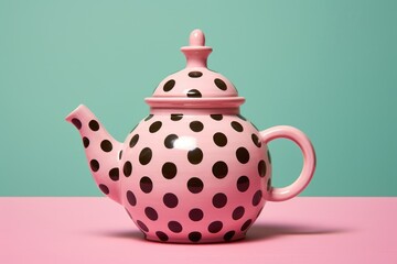 a whimsical polka-dotted ceramic teapot on a pastel pink backdrop