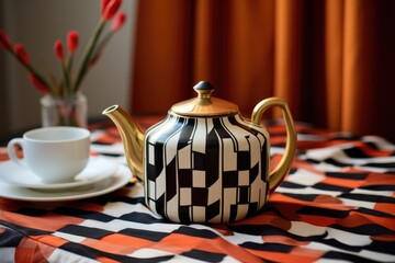 a stylish, art deco teapot on a geometric-patterned tablecloth