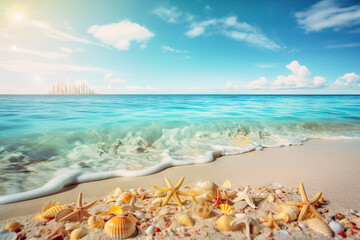Fototapeta na wymiar Seashells and starfish on sandy beach. Vacation concept