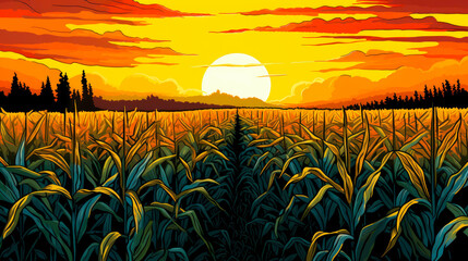 Green corn field and sunset or sunrise in a farmland agricultural setting with Colorful art design with thick black outlining and strong colors. Logo or banner use. - obrazy, fototapety, plakaty