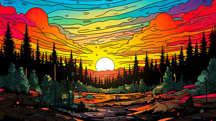 Sunset over a pine forest. Wanderlust feeling in colorful art design with thick black outlining and strong colors. Logo or banner use.