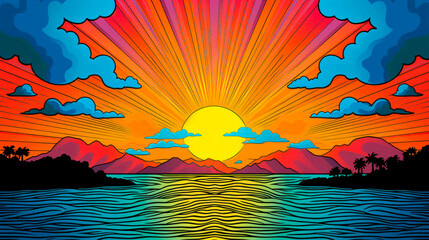 Sunset over the sea. Colorful pop art design or drawing with thick black outlining and strong colors. Logo or banner use.