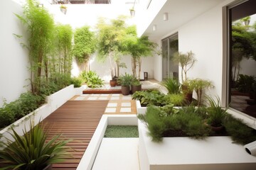A beautifully landscaped garden with lush greenery, modern wooden design elements, and a peaceful...