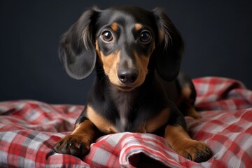 a dachshund in a small flannel shirt and jeans