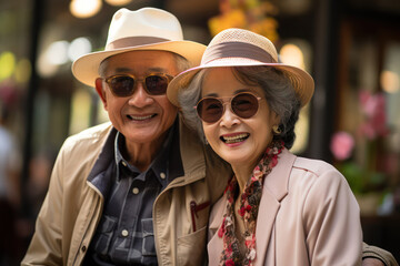 Radiant Smiles: Elderly Asian Couple in Casual Attire, Exuding Joy and Contentment in Their Shared Moments