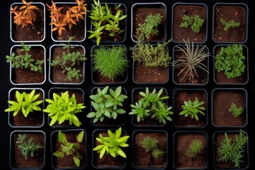 multiple seedlings arranged in a grid, viewed from above