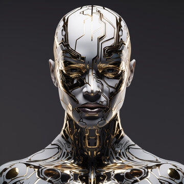 close-up of a robot man's head, a male cyborg with metal chips and gold elements, detailed 3D graphics