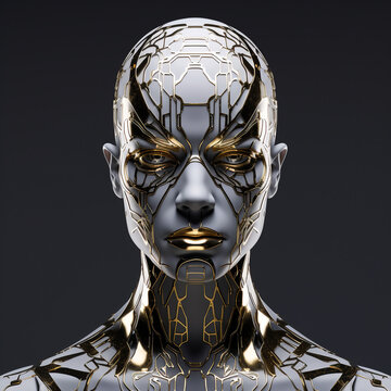 close-up of a robot man's head, a male cyborg with metal chips and gold elements, detailed 3D graphics