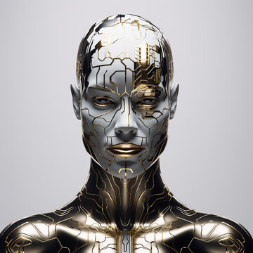 close-up of a robot man's head, a male cyborg with metal chips and gold elements, detailed 3D graphics