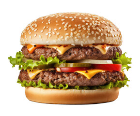 Delicious hamburger with double beef, lettuce, cheese and tomatoes isolated on white background, clipart. Png with transparent background, cutout.