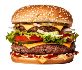 Delicious hamburger with double beef, lettuce, cheese and tomatoes isolated on white background, clipart. Png with transparent background, cutout.