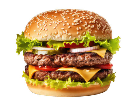 Delicious hamburger with double beef, lettuce, cheese and tomatoes isolated on white background, clipart. Png with transparent background, cutout.