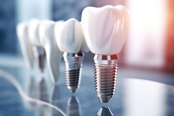 Implant dental service creative concept. Promotion Banner for social media. Creative banner of clinic with dental implant. 3d render illustration style.