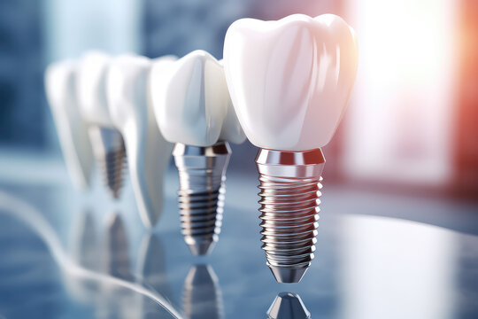 Implant dental service creative concept. Promotion Banner for social media. Creative banner of clinic with dental implant. 3d render illustration style.