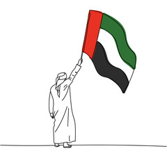 Illustration of an Arab man holding UAE emirates flag line art. UAE National Day. UAE Flag Day.