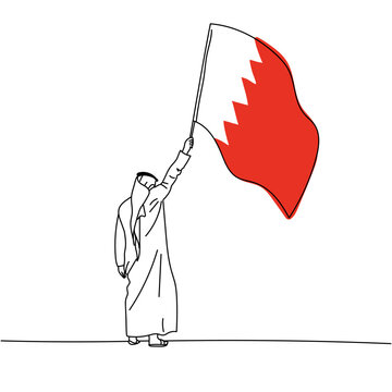 recommend clip art: Illustration of an Arab man holding Bahrain flag line art. Bahrain National Day.