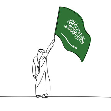 recommend clip art: Illustration of an Arab man holding KSA Saudi Arabia flag line art. KSA Saudi National Day. Saudi Founding Day. Saudi Flag Day.