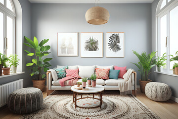 Boho cozy living room design, bright wall mockup, 3d render, 3d illustration