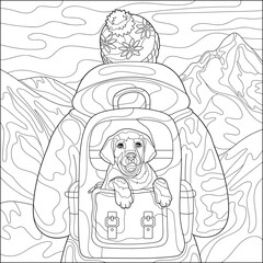 Cute dog in a backpack. A man in the mountains with a dog. Coloring book for adults, black and white vector illustration. Line art.