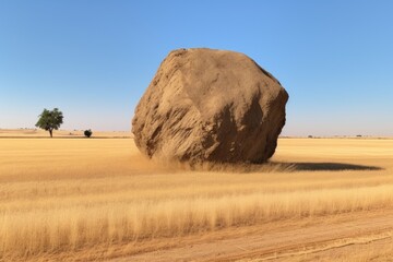a large boulder, shaped by wind erosion, standing alone in a field