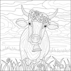 A cow with a flower wreath and a bell in the field. Coloring book for adults, black and white vector illustration. Line art.