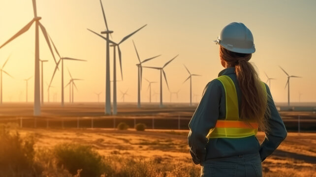 Back view of woman engineer standing against turbines on wind turbine farm.