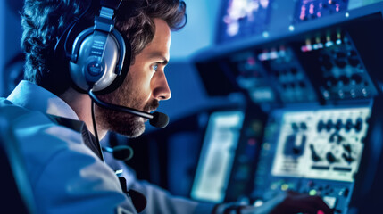 Workplace of the controller assistant with table computer navigation in the Monitoring Room. Air Traffic Controller with Headset Talk in control center Airport Tower. Generative ai