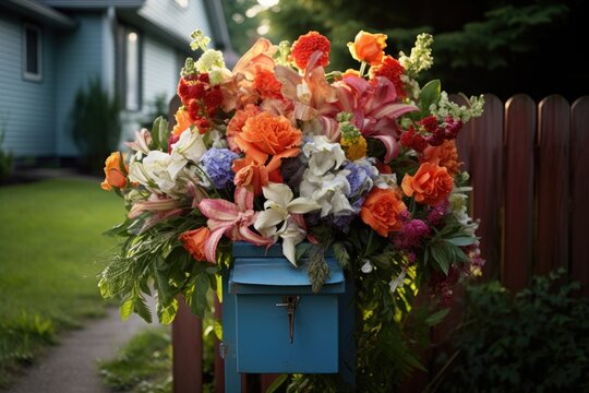 a bouquet of vibrant, fresh flowers peeking out of a mailbox