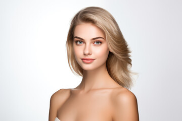 Fototapeta premium Magnetic Young Woman Model On A White Background . Сoncept Magnetic Energy, Young Woman Model, White Background, Branding
