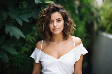 Naklejka premium Modern Young Woman Model Natural Background . Сoncept Different Ways To Show Authenticity In Style, Affordable Trends For Young Women, Embracing Natural Beauty, Dressing To Reflect Personality