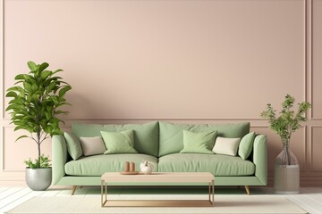 Pastel green pink living room with beige sofa, mockup frame, luxury large sofa couch, pillow, botanical plants, leaves in vase, coffee table, chair, plants. Generative AI
