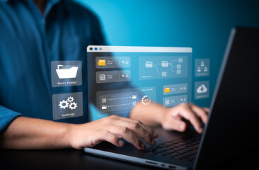 Man using computer laptop to manage file documents on company server. Cloud upload, backup, merge,...