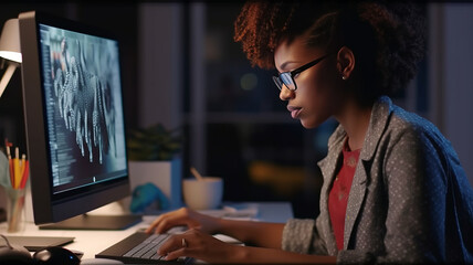 Black Female Art Director Reviewing 3d Model of Shoe, Working on Powerful Desktop Computer at Home.