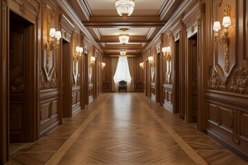 Spacious corridor adorned with exquisite wooden moulding panels. Generative AI