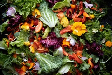 an overhead shot of a freshly harvested salad mix