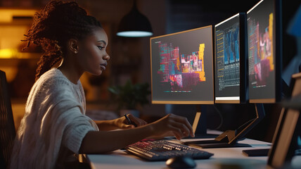 Black Female Art Director Reviewing 3d Model of Shoe, Working on Powerful Desktop Computer at Home. - obrazy, fototapety, plakaty