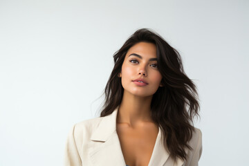 Fototapeta premium A Woman In A White Suit Posing For A Picture. Сoncept White Suit Fashion, Confidence Of Women, Feminine Elegance, Power Of Posing