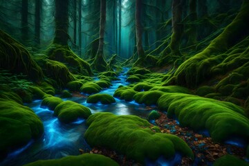 forest path, exo biotech, Frontlight, bio, Beautiful, moss, green and blue liquid - AI Generative