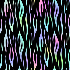 Trendy Neon Tiger seamless pattern. Vector rainbow wild animal skin textured background, rainbow gradient stripes on black background luxury print. Abstract jungle safari texture for wallpaper, design
