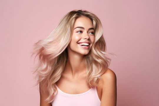 Radiant Young Woman Model On A Pastel Background . Сoncept Modeling A Radiant Young Woman, Color Palette Soft Pastels, Visual Effect Glowing Look, Digital Art Dreamlike Scene. Сoncept Radiant Beauty - Powered by Adobe