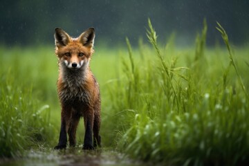 a fox wandering through a field during a heavy downpour