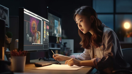 Fototapeta na wymiar Cute asian Female Art Director Reviewing 3d Model of Shoe, Working on Powerful Desktop Computer at Home.