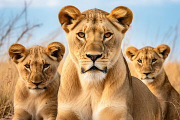 a herd of lioness on the background of the African savannah
