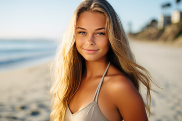 Vibrant Young Woman Model Oceanside . Сoncept Outdoor Photoshoots, Oceanside Fashion Trends, Beachwear For Young Women, Vibrant Confidence In Life