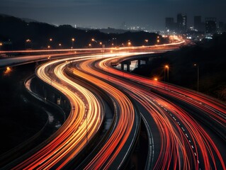 Long exposure photo of a highway at night. Generative AI