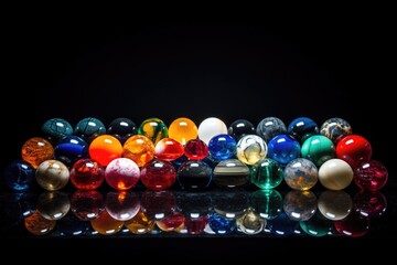 marbles organized to spell out the word colorful against a stark black backdrop