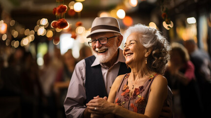 elder couple of retired seniors dancing at a beautiful wedding - obrazy, fototapety, plakaty