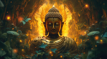 abstract a painting of a colorful glowing golden buddha